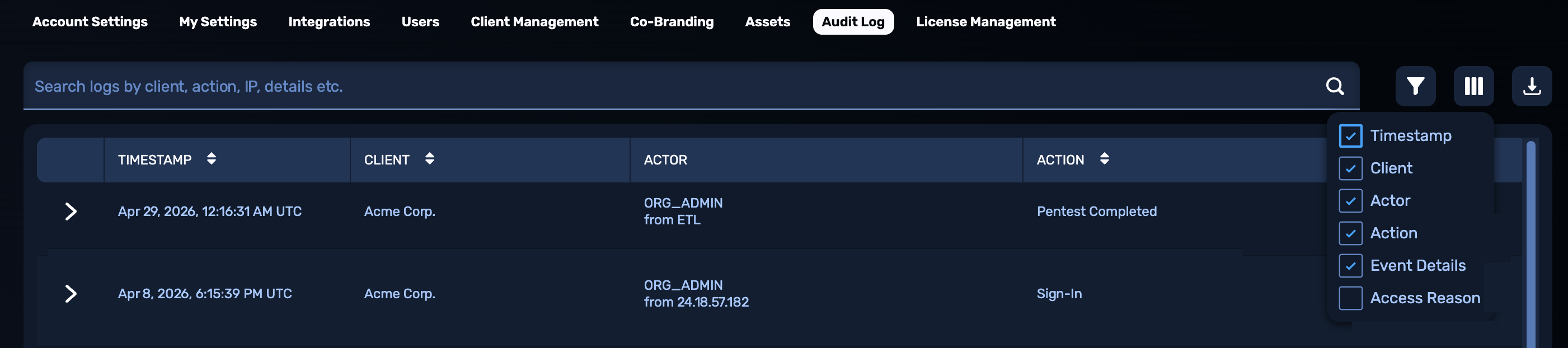 Audit Log page with Columns drop-down opened to show check boxes that reveal or hide Timestamp, Actor, Action, Event Details, and Access Reason columns