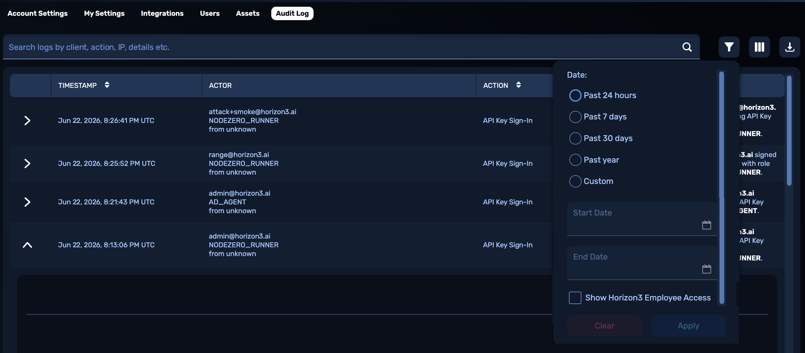 Audit Log page with Filter drop-down opened to show Date range options (Past 24 hours, Past 7 days, Past 30 days, Past year, or Custom Start Date and End Date) and "Show H3 Employee Access" check box