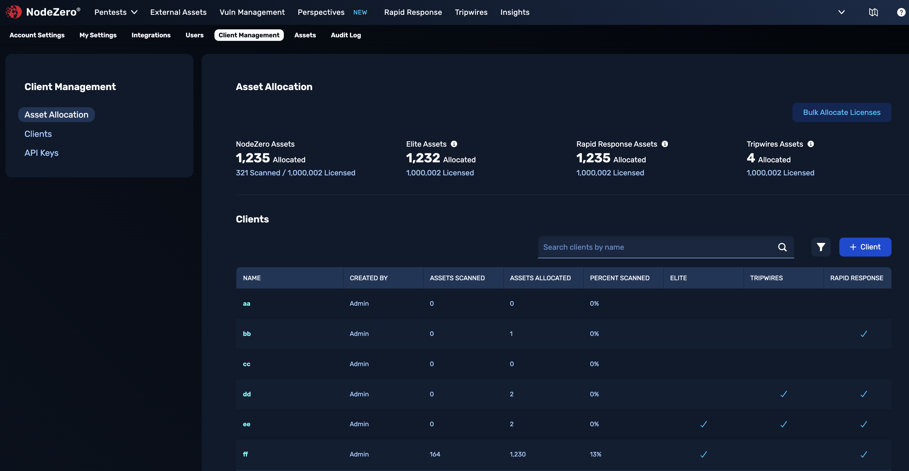 Managing a parent account's multiple clients from the Client Management page.