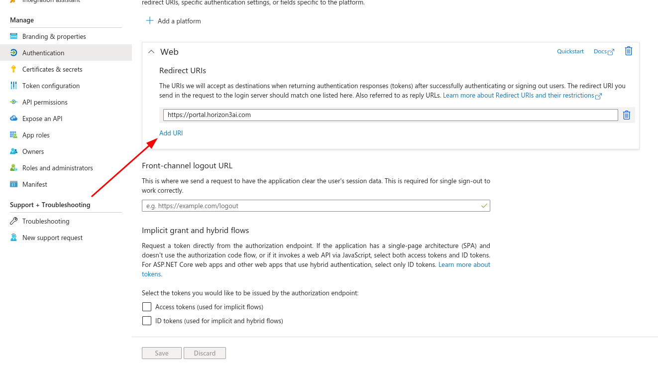 Azure Portal - Redirect URIs section - Add URI link