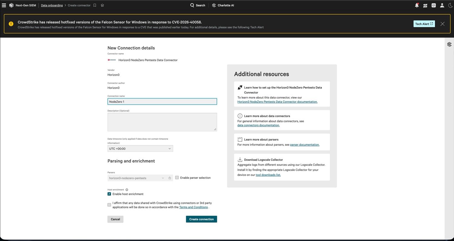 The "New Connection details" form, showing "Connection name," "Data timezone," the "horizon3-nodezero-pentests" parser, the "Enable host enrichment" check box, and the "Terms and Conditions" affirmation.