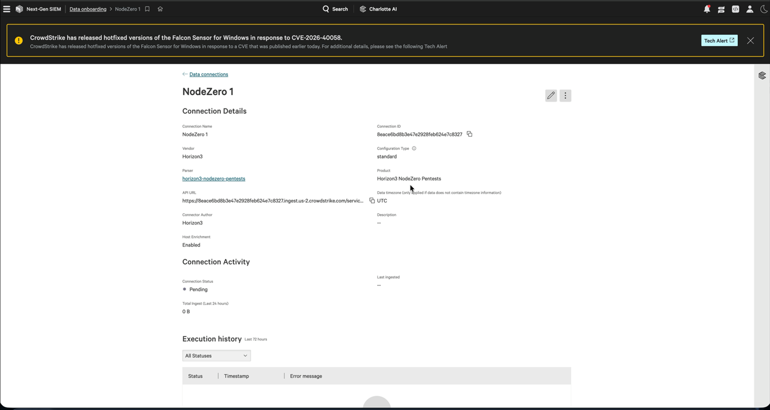 The Connection Details page, listing "Connection Name," "Connection ID," "Parser," "API URL," and "Host Enrichment," with "Connection Status" set to "Pending" and "Total Ingest" at 0 B.