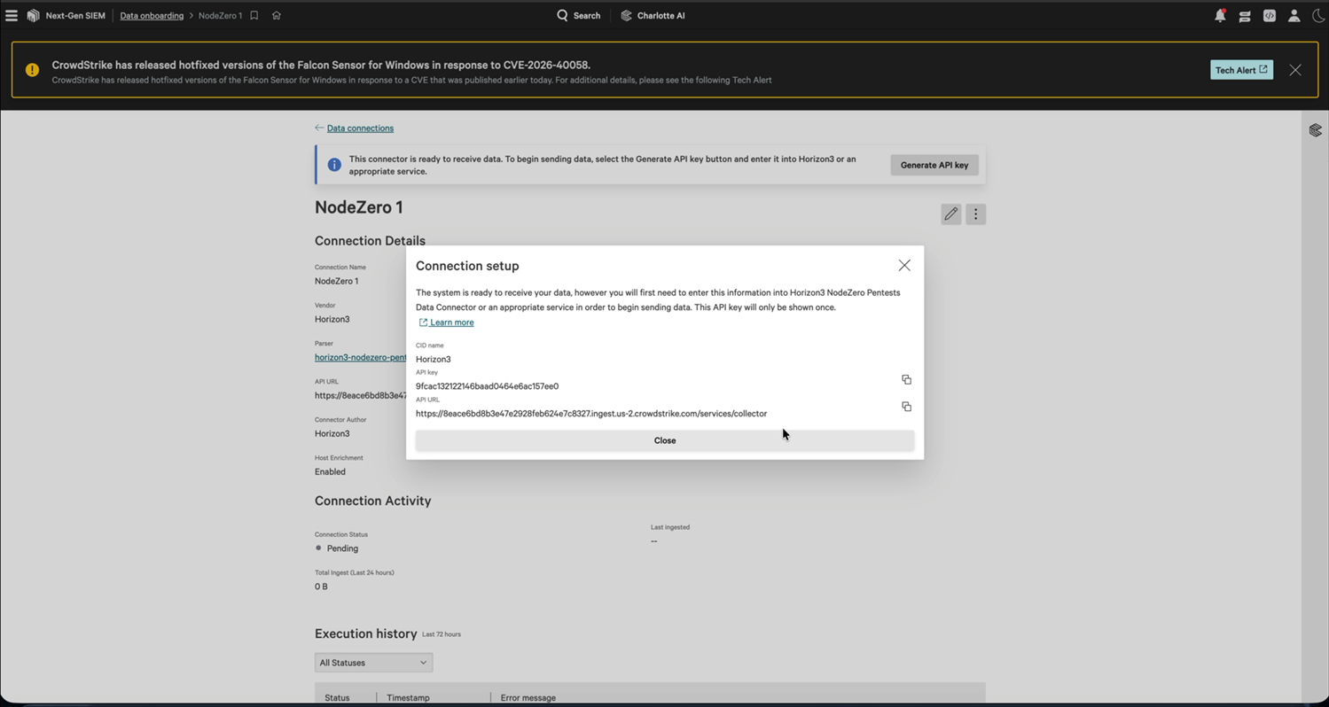 The "Generate API key" banner and the "Connection setup" dialog showing "CID name," "API key," and "API URL," each with a copy icon, and the warning that the key is shown only once.