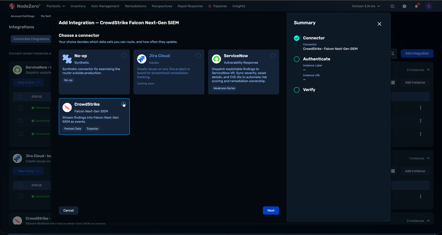 The "Add Integration" connector picker with the "CrowdStrike • Falcon Next-Gen SIEM" card selected, showing its "Pentest Data" and "Tripwires" chips.