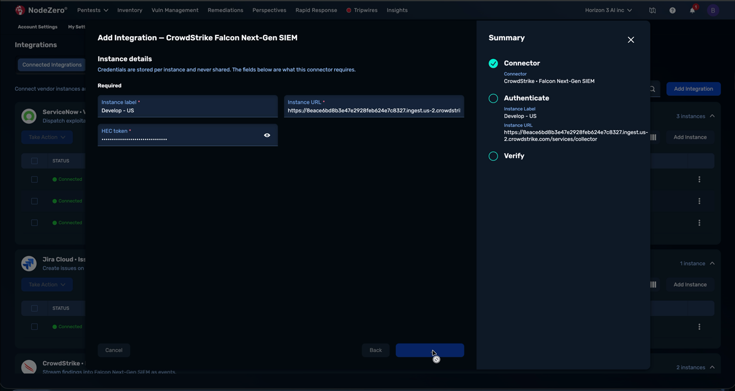 The "Instance details" step, with "Instance label" and "Instance URL" completed, the "HEC token" masked, and the "Summary" panel showing the full ingest URL.