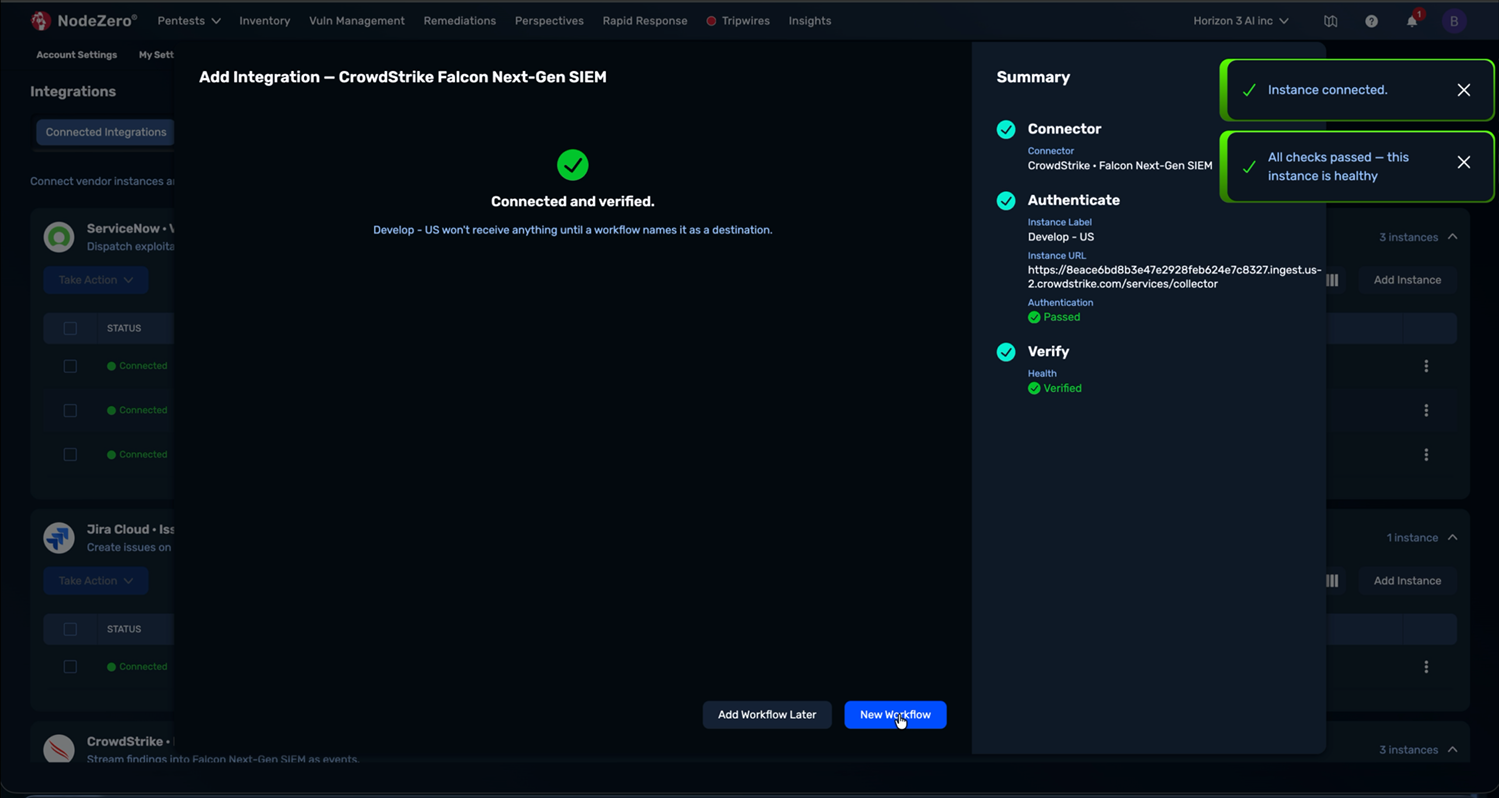 The "Verify" step showing "Connected and verified," with a note that the instance will not receive anything until a workflow names it as a destination.