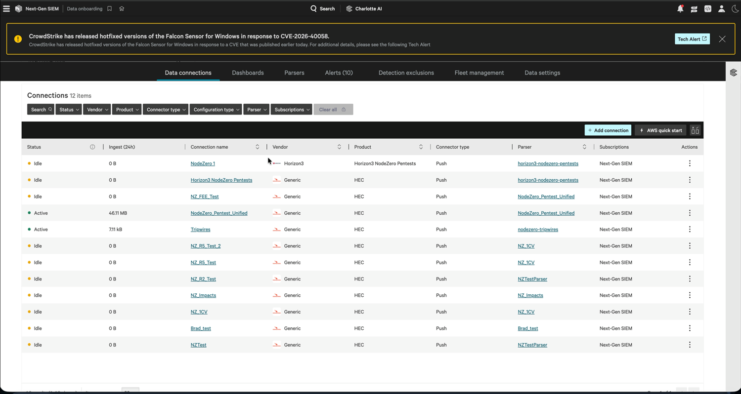 The Falcon "Connections" table listing NodeZero connections with "Status," "Ingest (24h)," "Connection name," "Vendor," "Product," "Connector type," and "Parser" columns.
