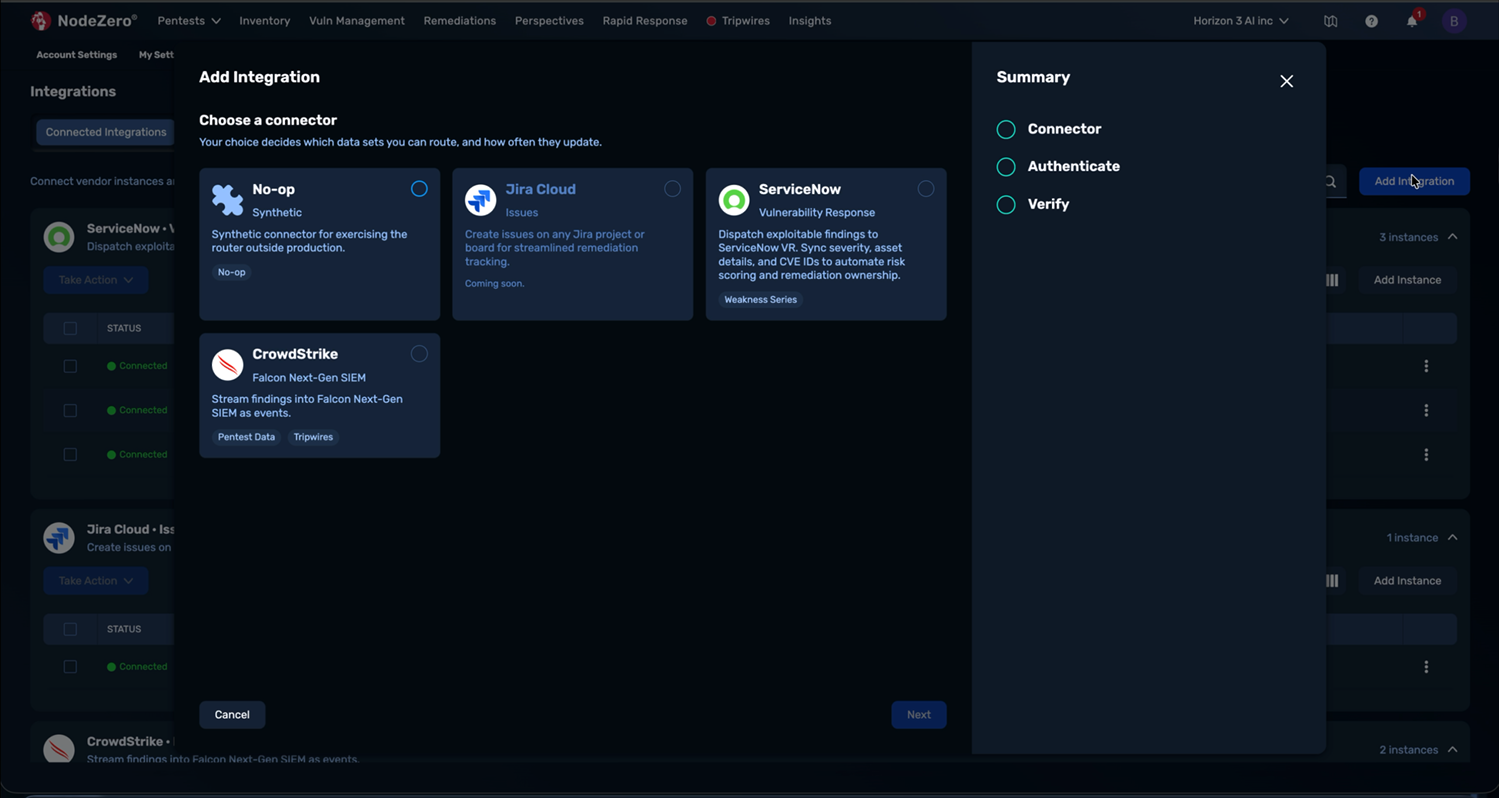 The "Add Integration" wizard showing selectable connector cards, each with its dataset chips, and the three-step "Summary" panel.