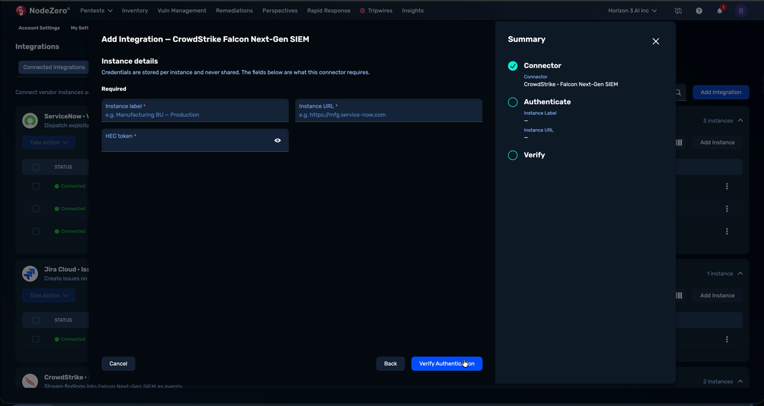 The "Instance details" step, showing the connector's required credential fields, with the "Summary" panel listing "Instance Label" and "Instance URL."