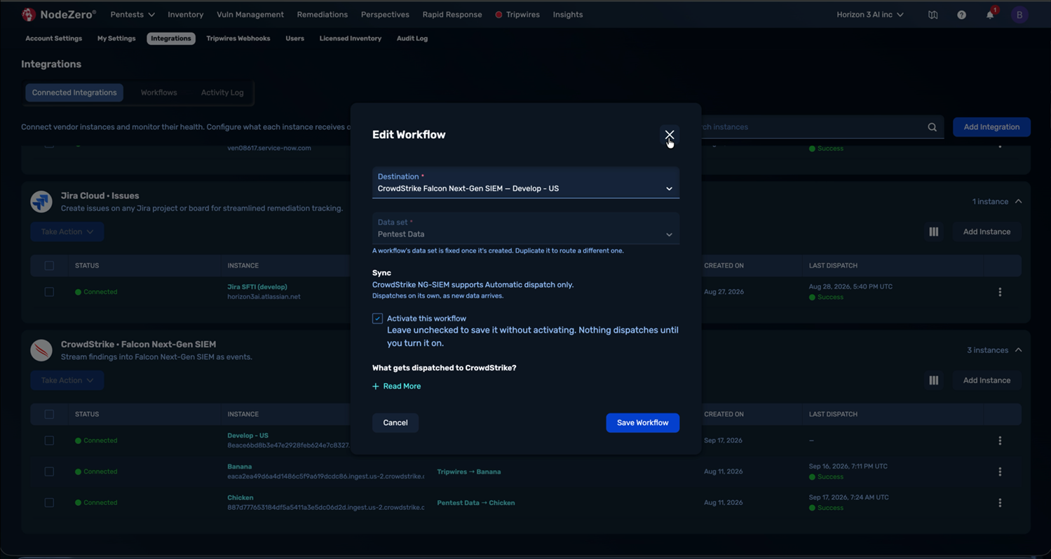 The "Edit Workflow" dialog showing an editable "Destination," a disabled "Data Set" field, and the inline note that a workflow's dataset is fixed once it is created.
