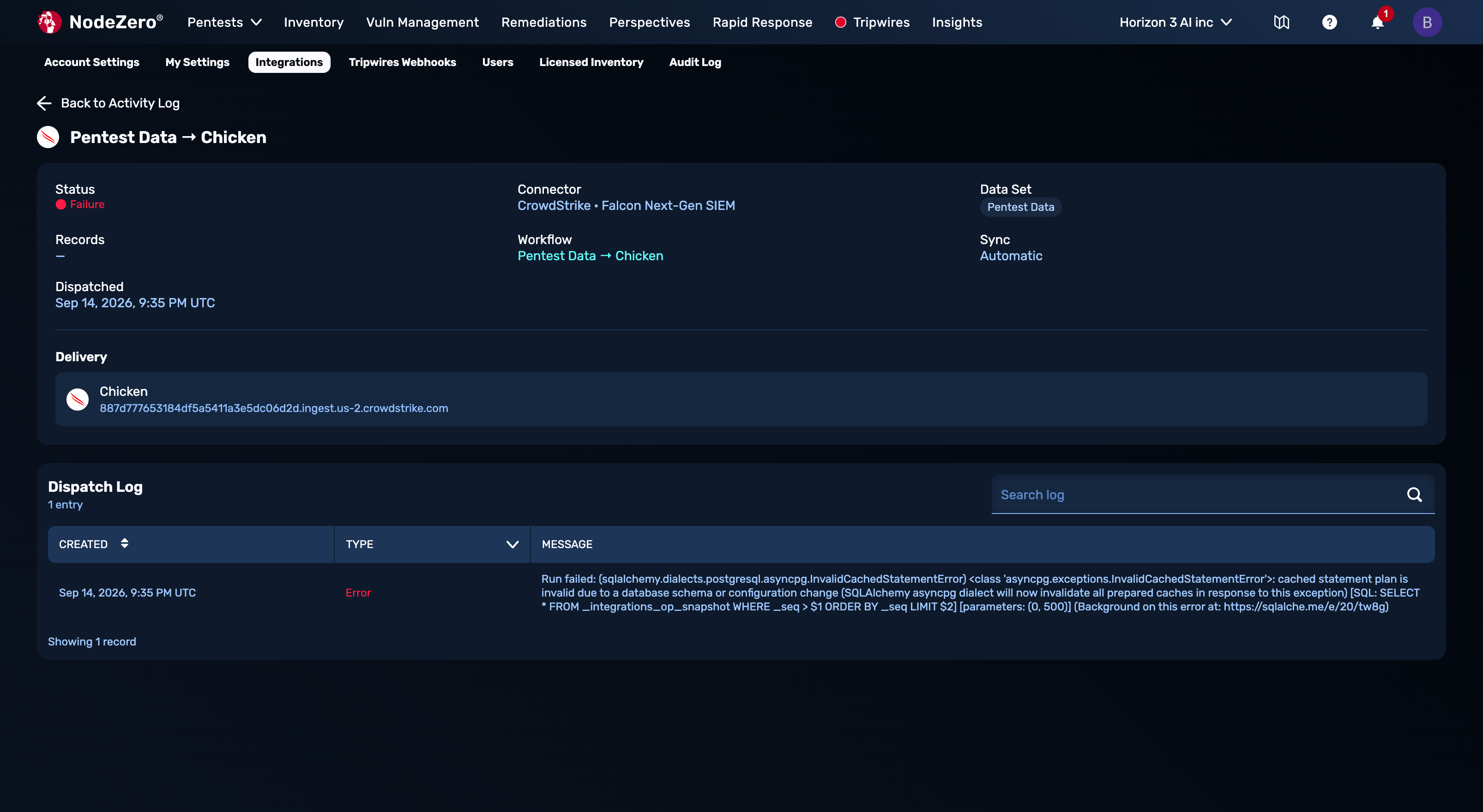 The dispatch detail page showing a "Failure" status, the "Delivery" destination, and a "Dispatch Log" table whose "Created," "Type," and "Message" columns carry the error text.