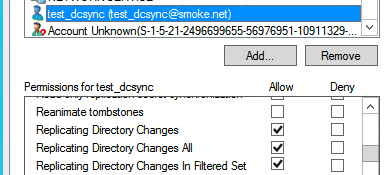 Windows user selected - showing three privileges in the Allow column are checked.