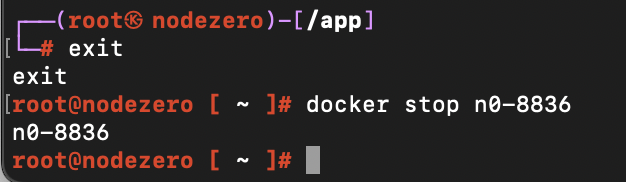 Terminal showing exit command and then the name of the container after running docker stop.