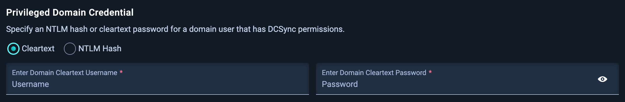 Privileged Domain Credential section - username and password fields are required.