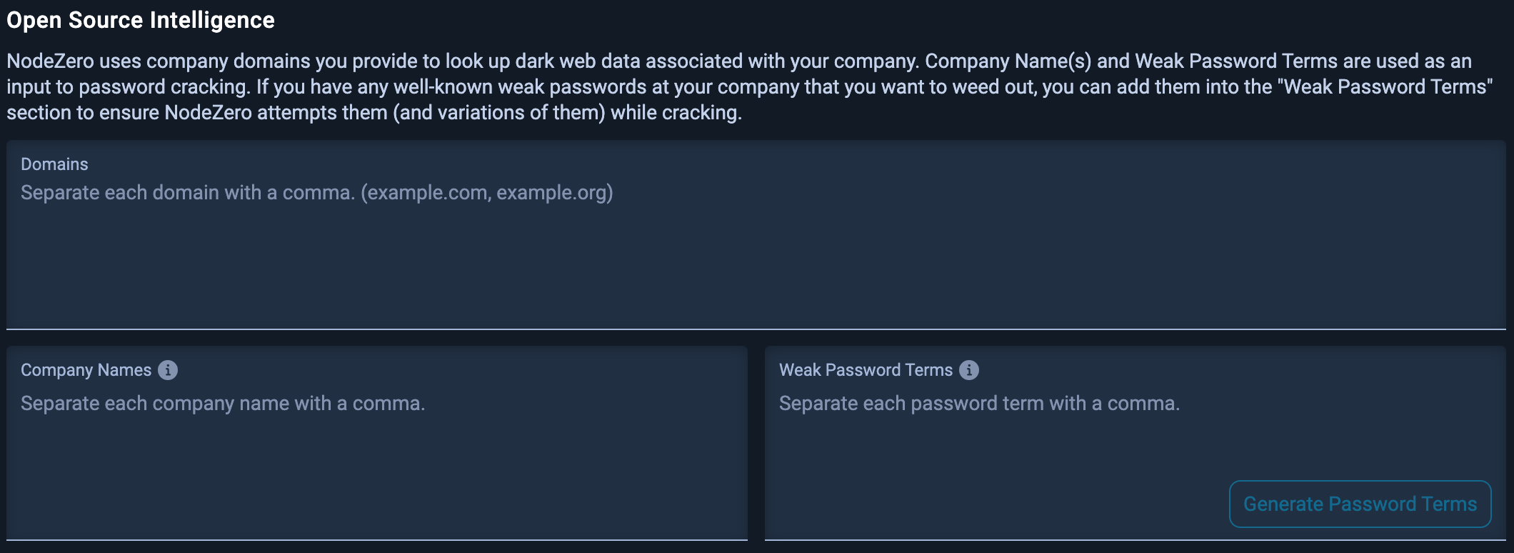 Input forum open search intelligence - Enter domains, company names and weak password terms