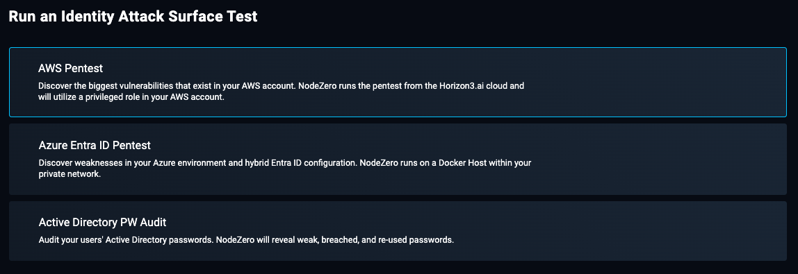 Run an Identity Attack Surface Test pop-up - the Active Directory PW Audit link is one of three links