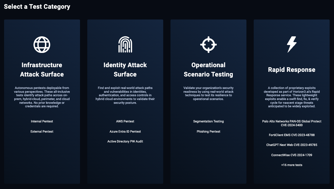 Select a Test Category pop-up - Identity Attack Surface is one of the links.