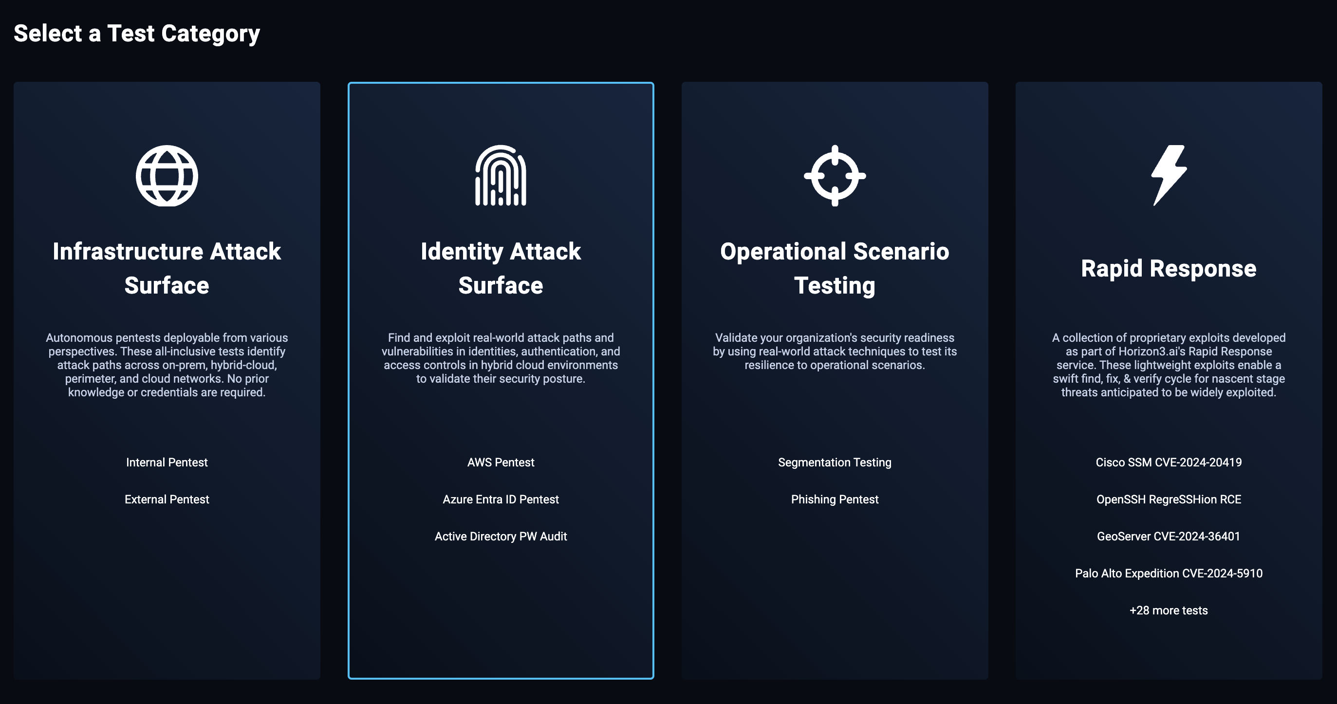 Select a Test Category pop-up - Identity Attack Surface link