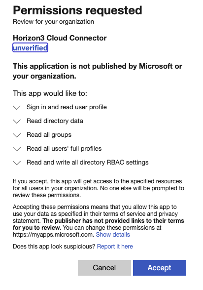 Microsoft permissions requested screen for Horizon3 Cloud Connector, showing the list of requested permissions and an Accept button.