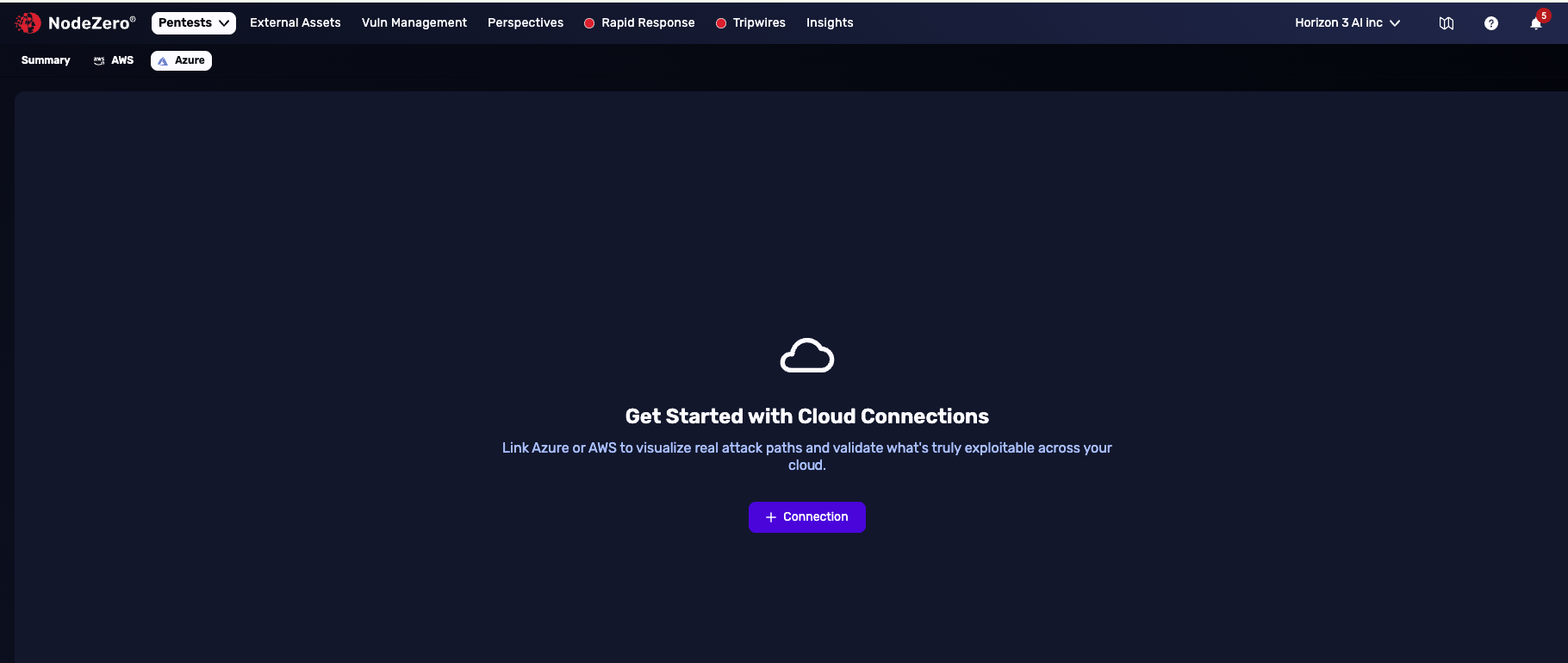 The Cloud Connections page with a + Connection button in the center.