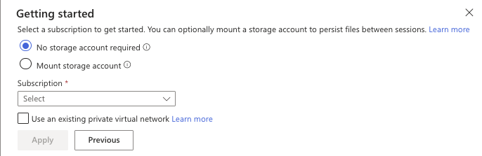 Azure Cloud Shell Getting started dialog with a subscription dropdown and an Apply button.