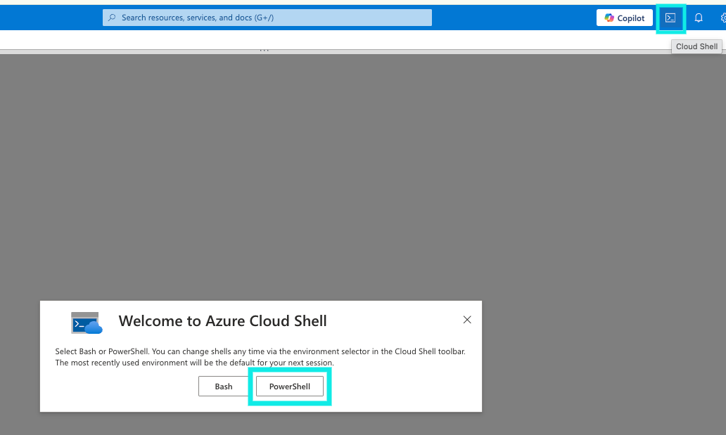 Welcome to Azure Cloud Shell dialog with Bash and PowerShell options.