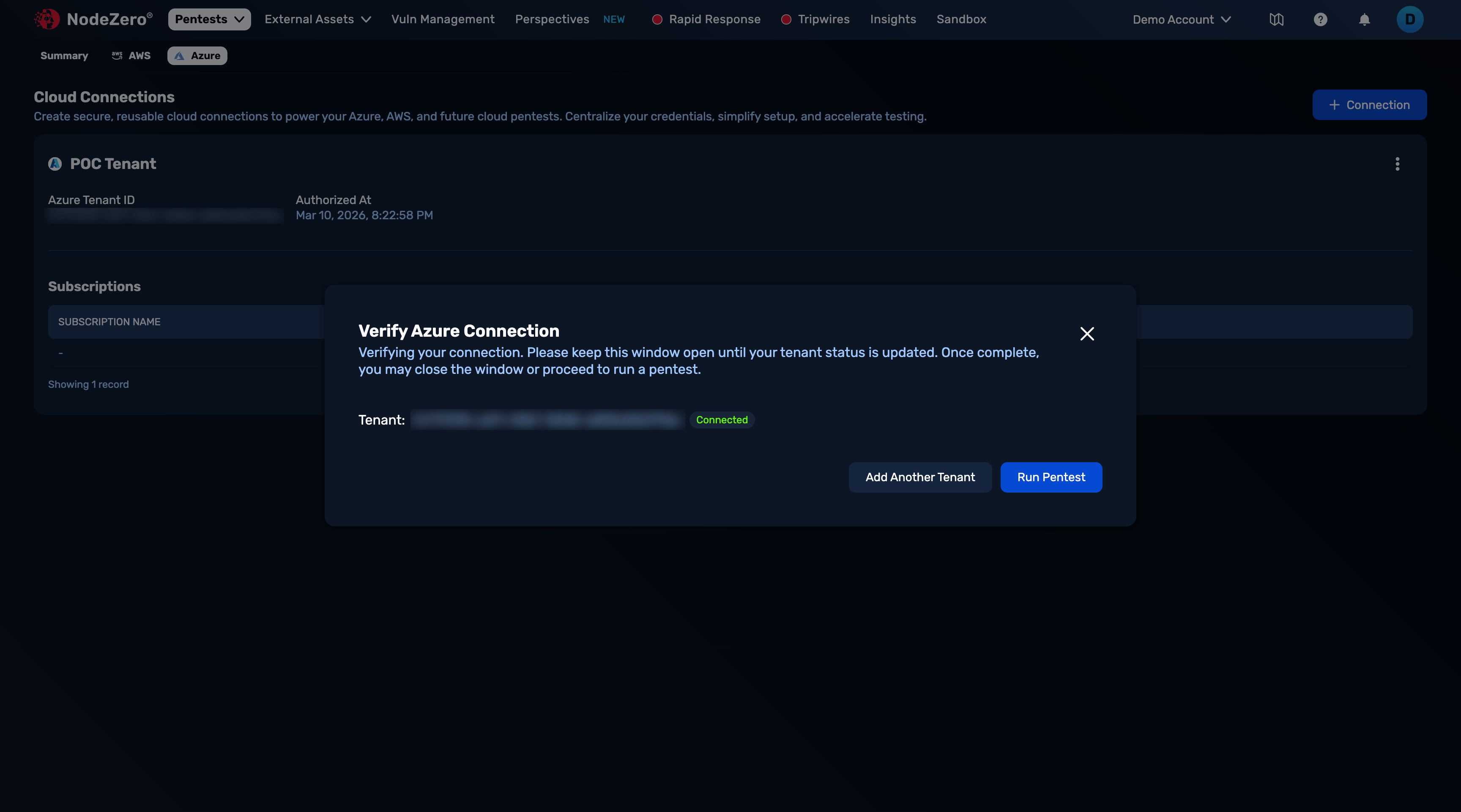 Azure Connection Status modal when connected.