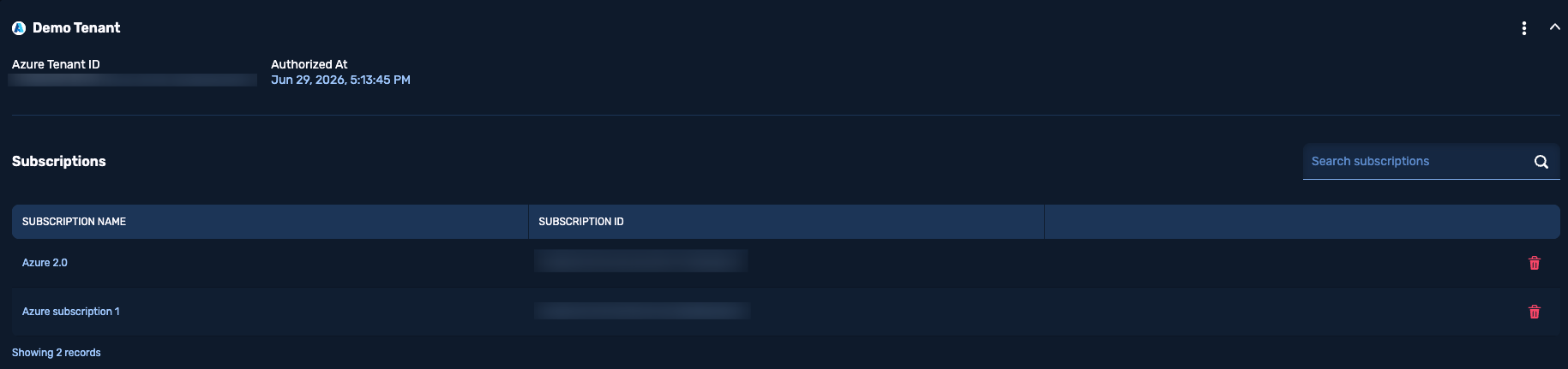 Cloud Connections summary page showing the Demo Tenant with its Azure Tenant ID, authorization date, and a table of two subscriptions.