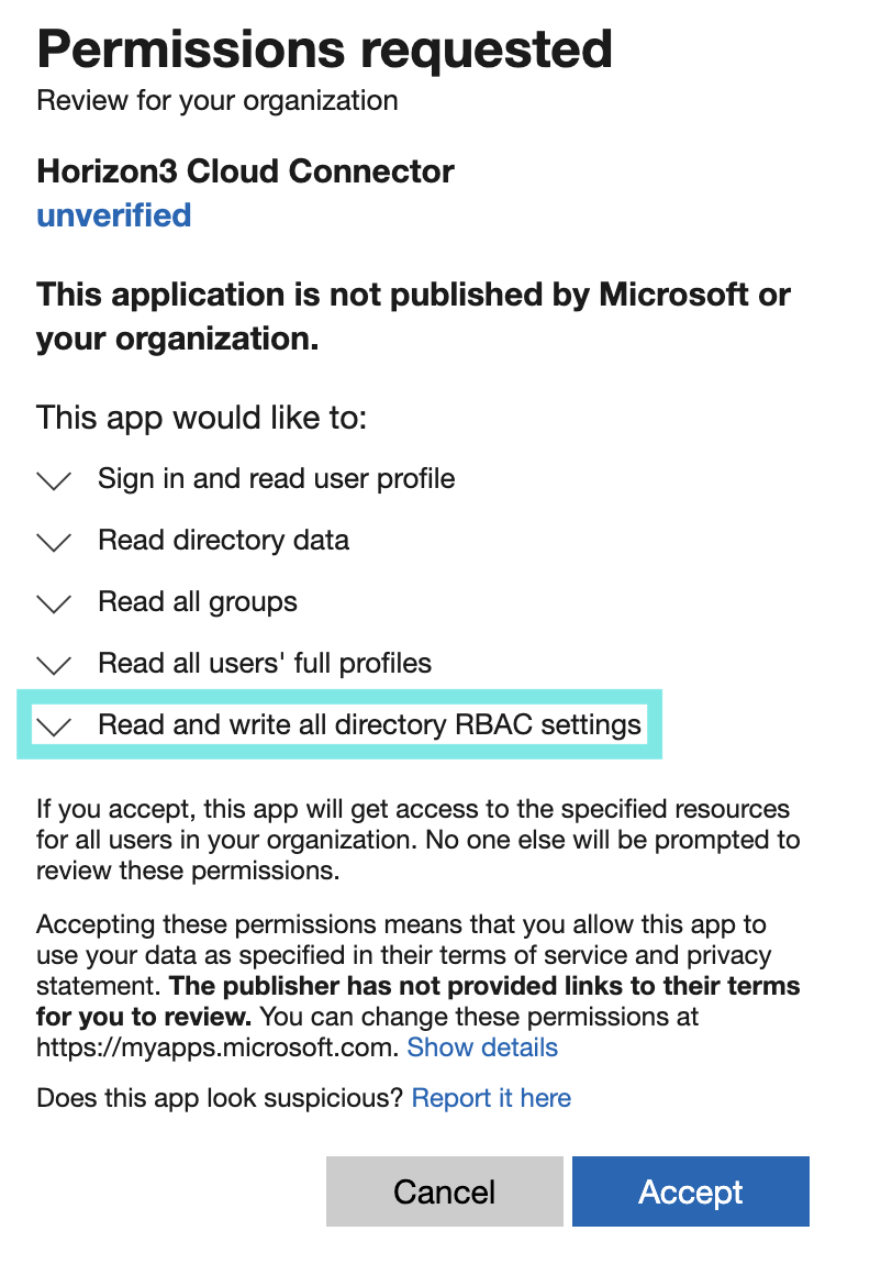Microsoft admin consent modal for Horizon3 Cloud Connector, with the "Read and write all directory RBAC settings" permission highlighted.