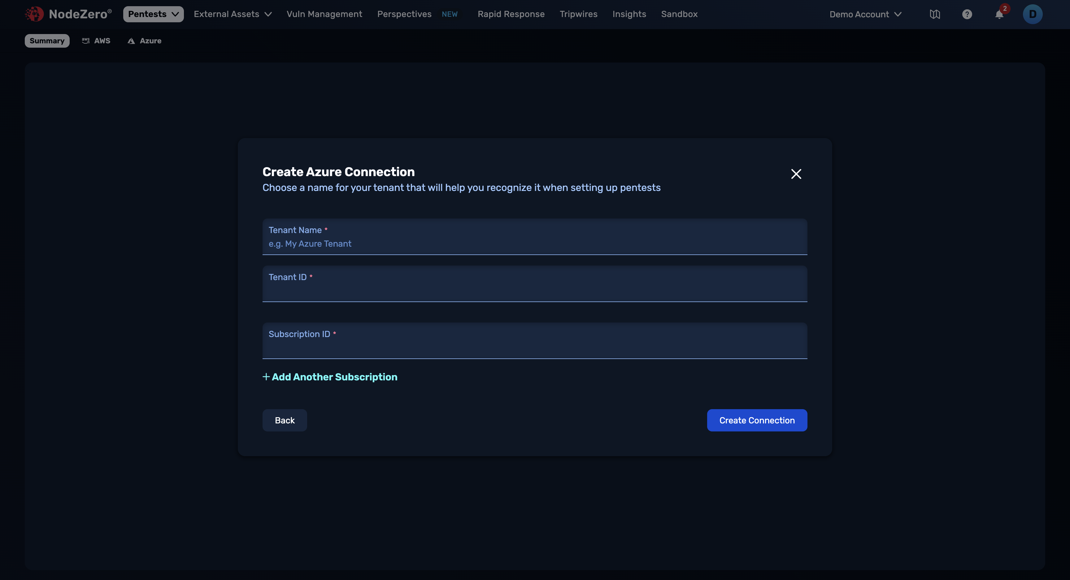 Create Azure Connection form