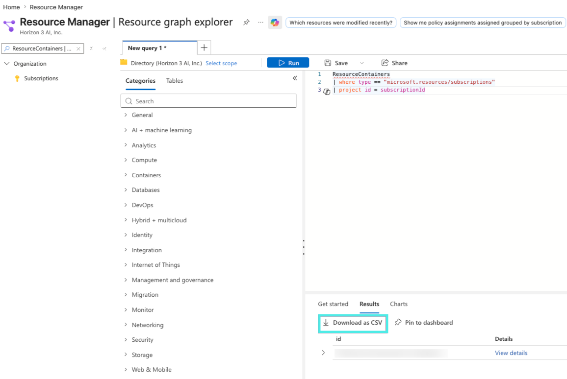 Azure Resource Graph Explorer showing the subscription query and a highlighted Download as CSV button.