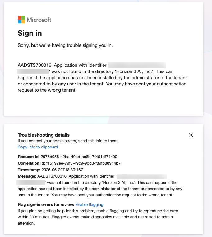 Microsoft sign-in error page showing AADSTS700016 with troubleshooting details.