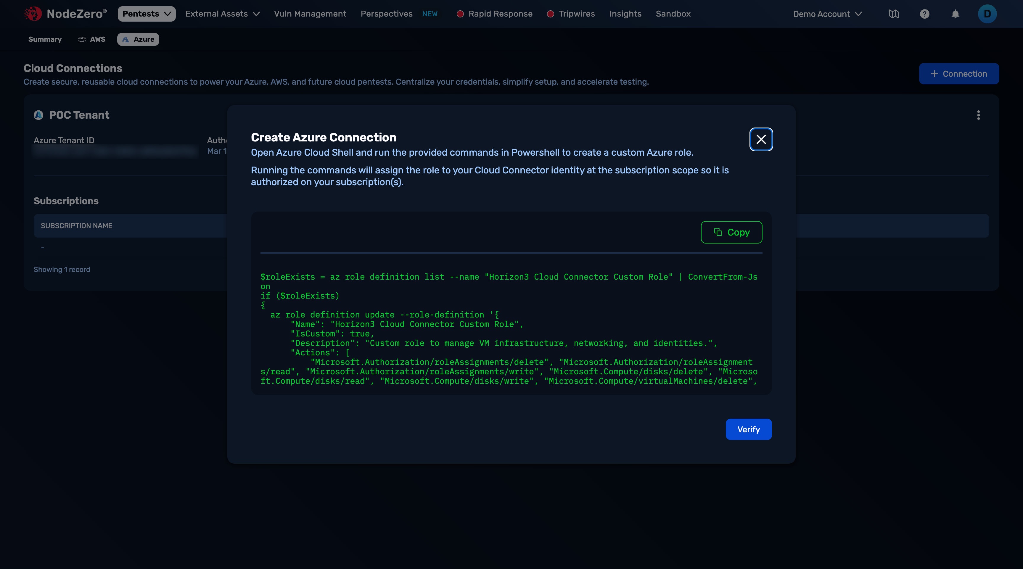 Shell script in the Create Azure Connection with a Copy button.