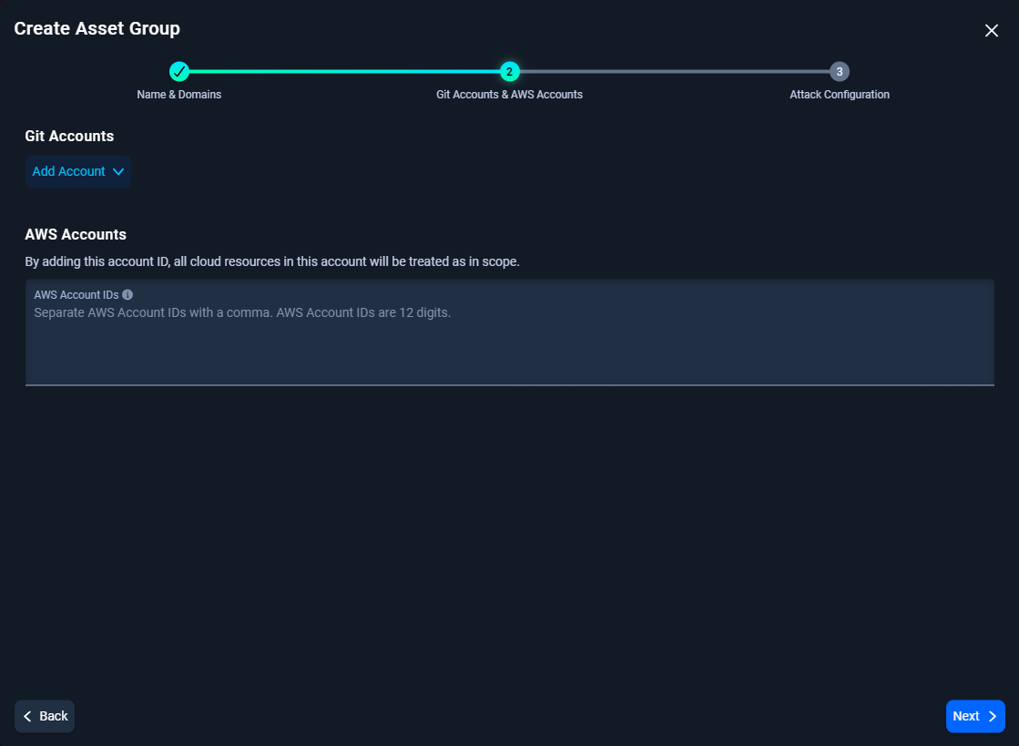 Create Asset Group form (2nd step): Git Accounts button and AWS Accounts input field.