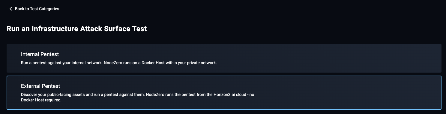 Run a Infrastructure Attack Surface Test Screen - External Pentest link.