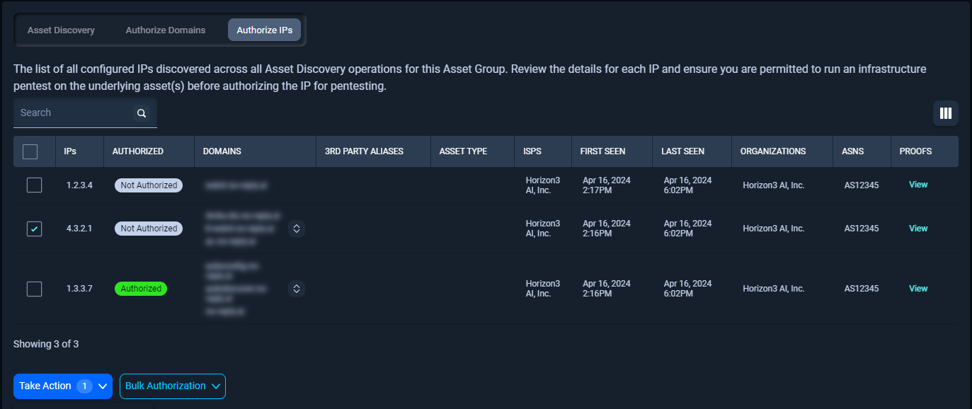 The authorize IPs detail view has a table with checkboxes next to each IP  address for user action.