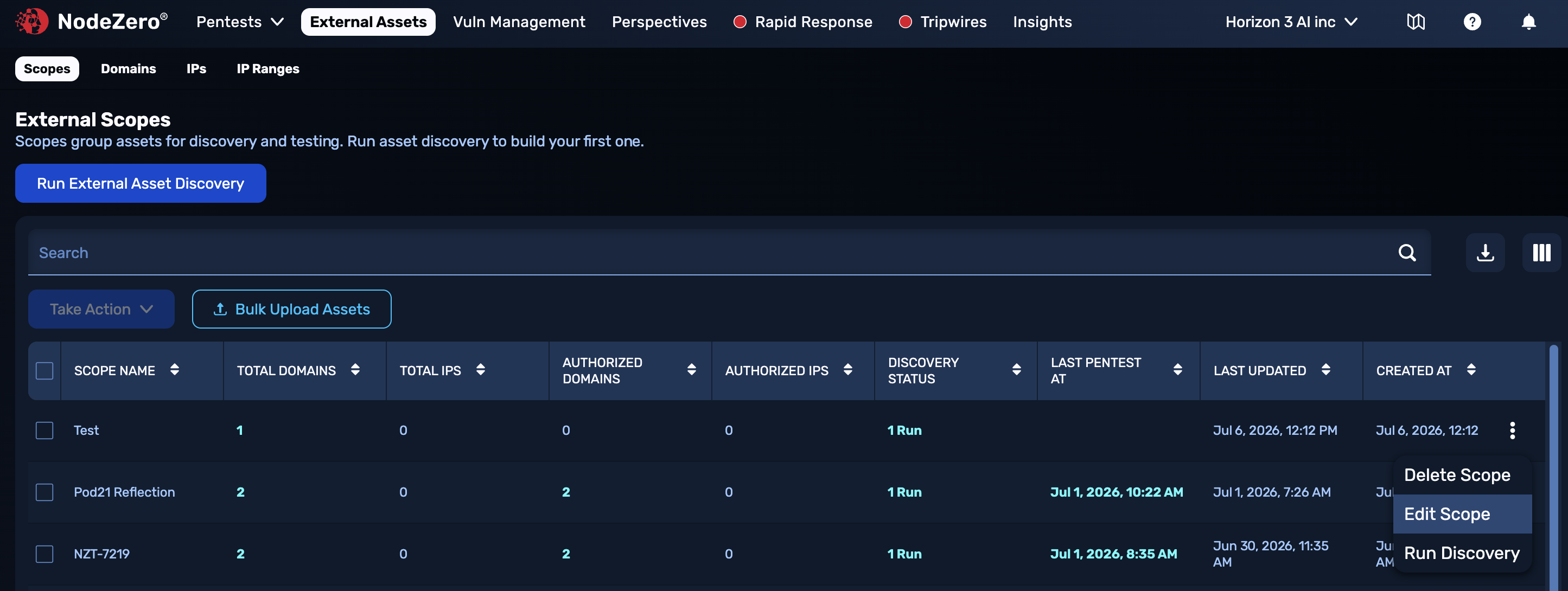 The actions menu for External Assets page is next to the Export Files button
