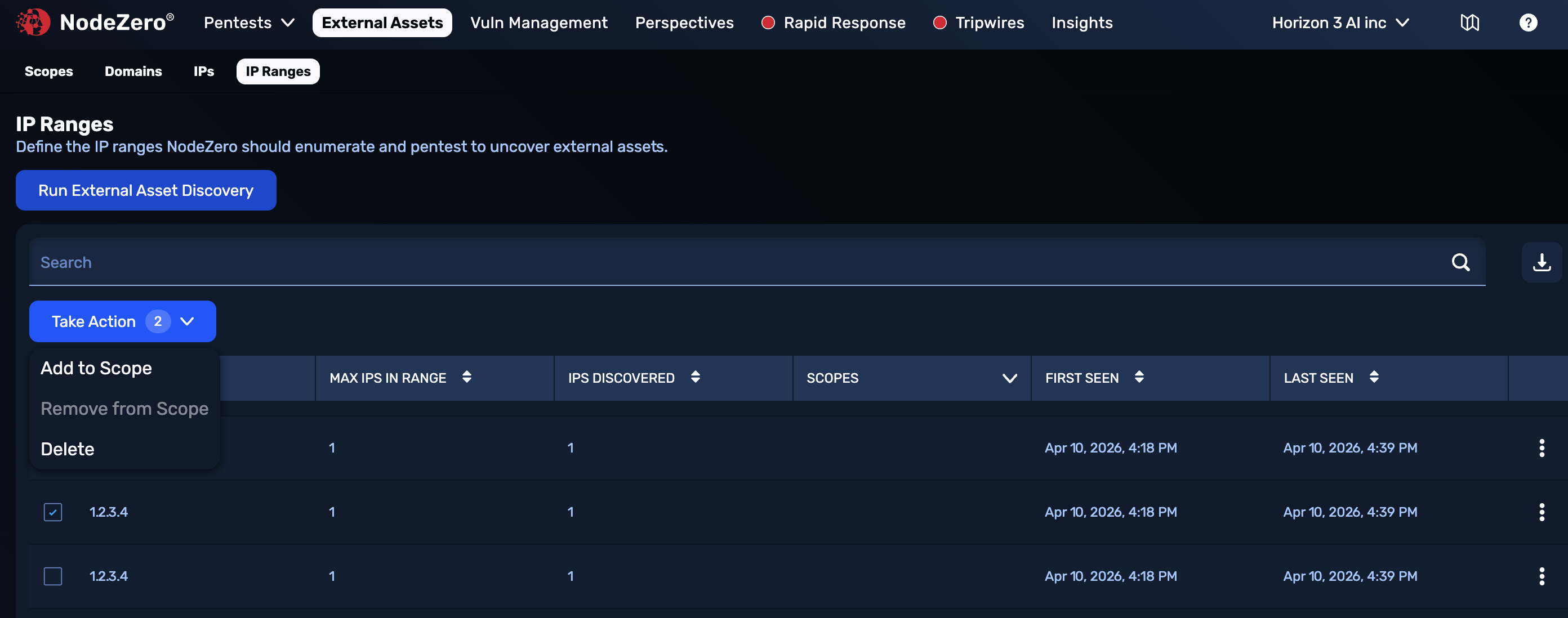The IP Ranges tab has a table with check boxes next to each domain, and a "Take Action" drop-down that applies to all selected ranges.