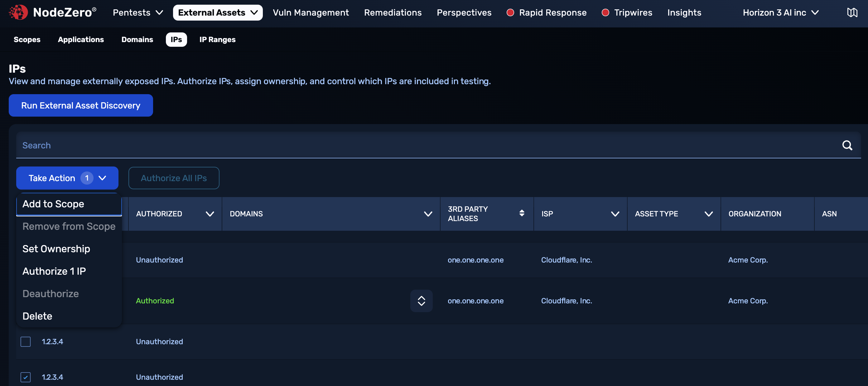 The IPs tab has a table with check boxes next to each domain, and a "Take Action" drop-down that applies to all selected IP addresses.