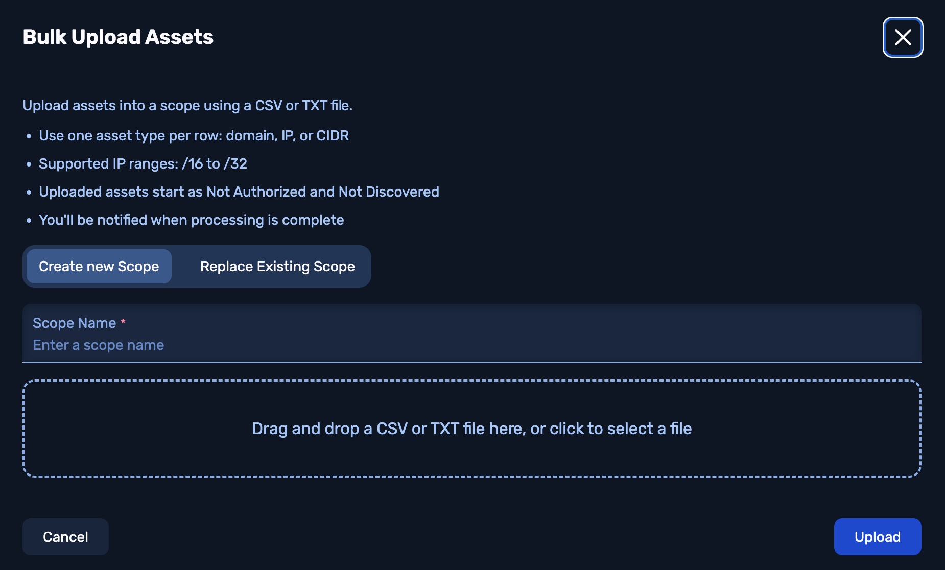 "Bulk Upload Assets" modal showing file-formatting instructions, "Create New Scope" and "Replace Existing Scope" buttons, a file drag-and-drop target panel, and Upload and Cancel buttons.