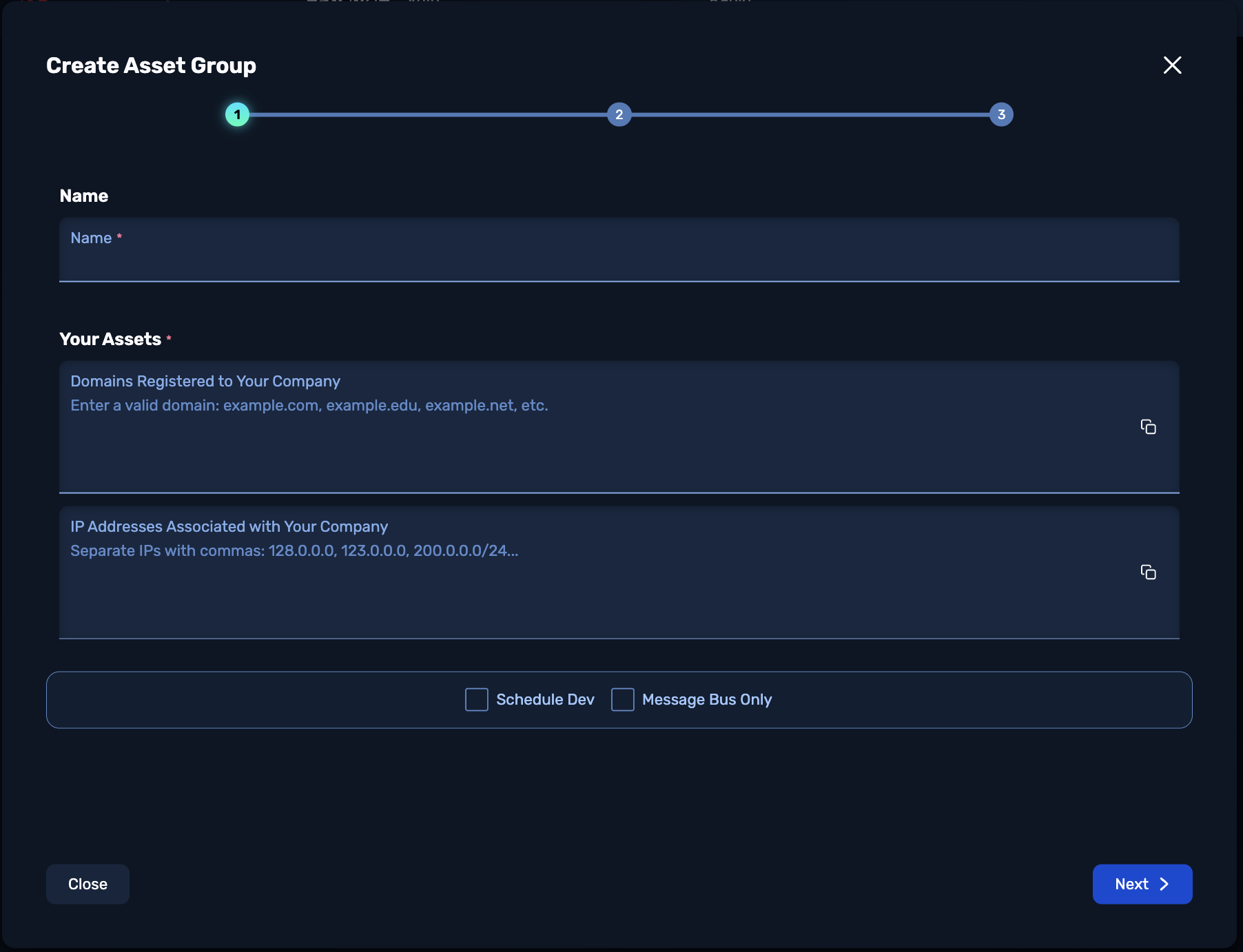 Create Asset Group form (1st step): Name And Assets fields.