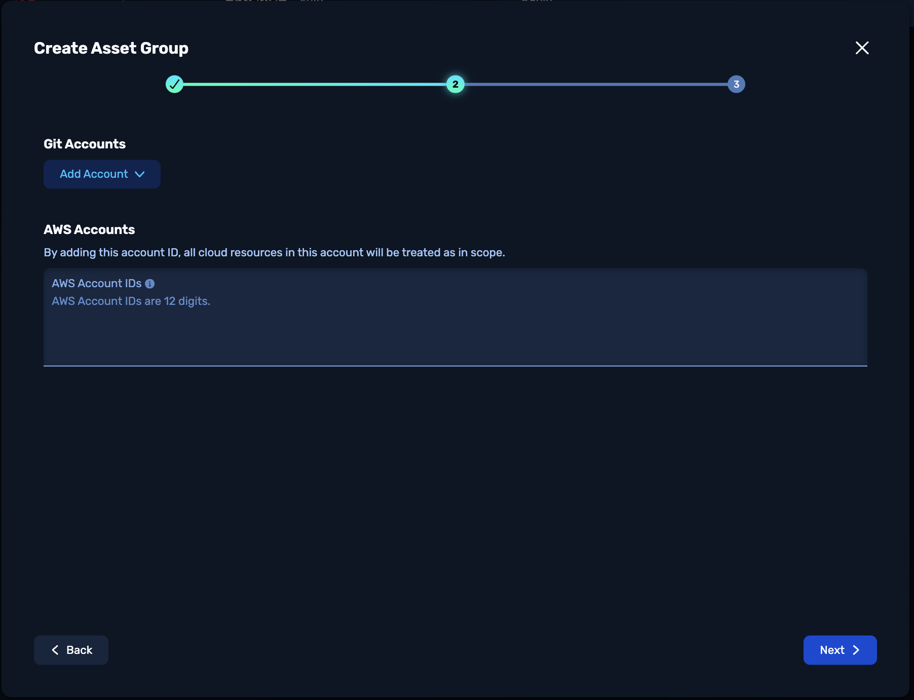 Create Asset Group form (2nd step): Git Accounts button and AWS Accounts input field.
