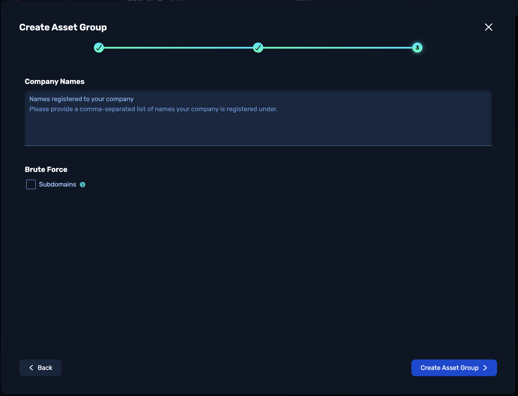 Create Asset Group form (3rd step): Company Names input field and Brute Force checkbox.