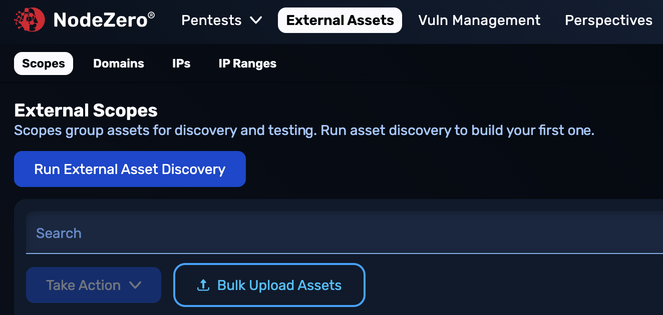 The "External Assets" link is in the UI's top-level navigation. Below this are a "Scopes" default lower tab, and a "Run External Asset Discovery" button.