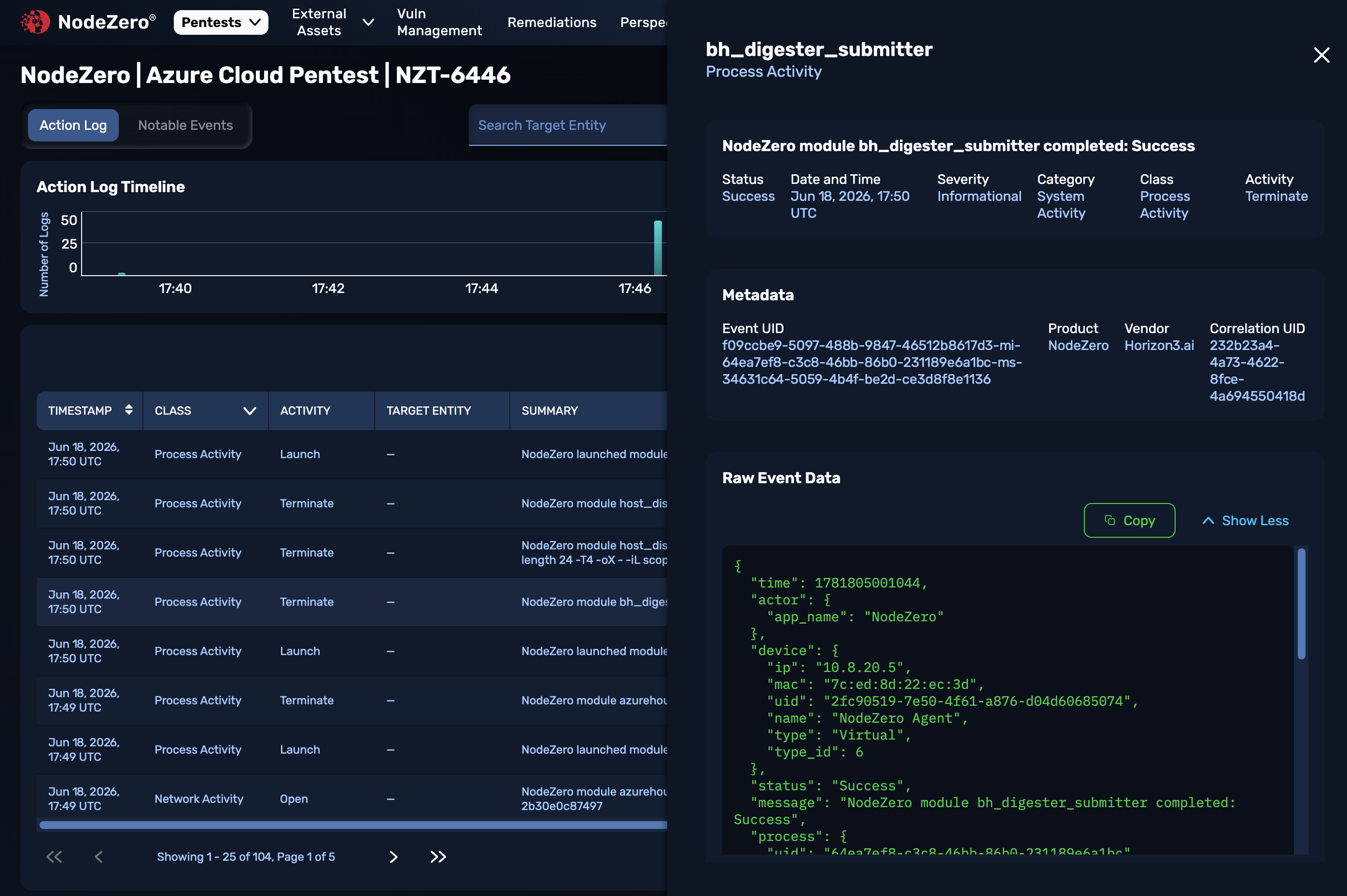 EVent-log view, with "Raw Event Log" panel expanded to show OCSF JSON snippet, along with Copy button