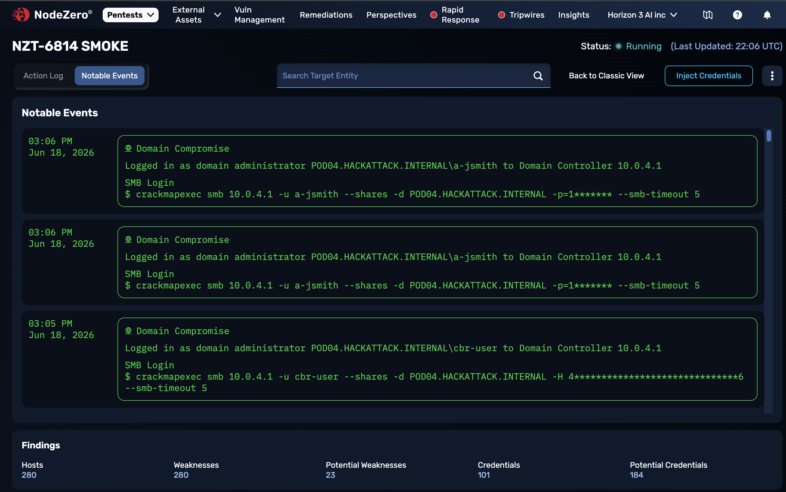 Notable Events tab view, showing three Domain Compromise events in green CRT/terminal font, with timestamps and redacted passwords