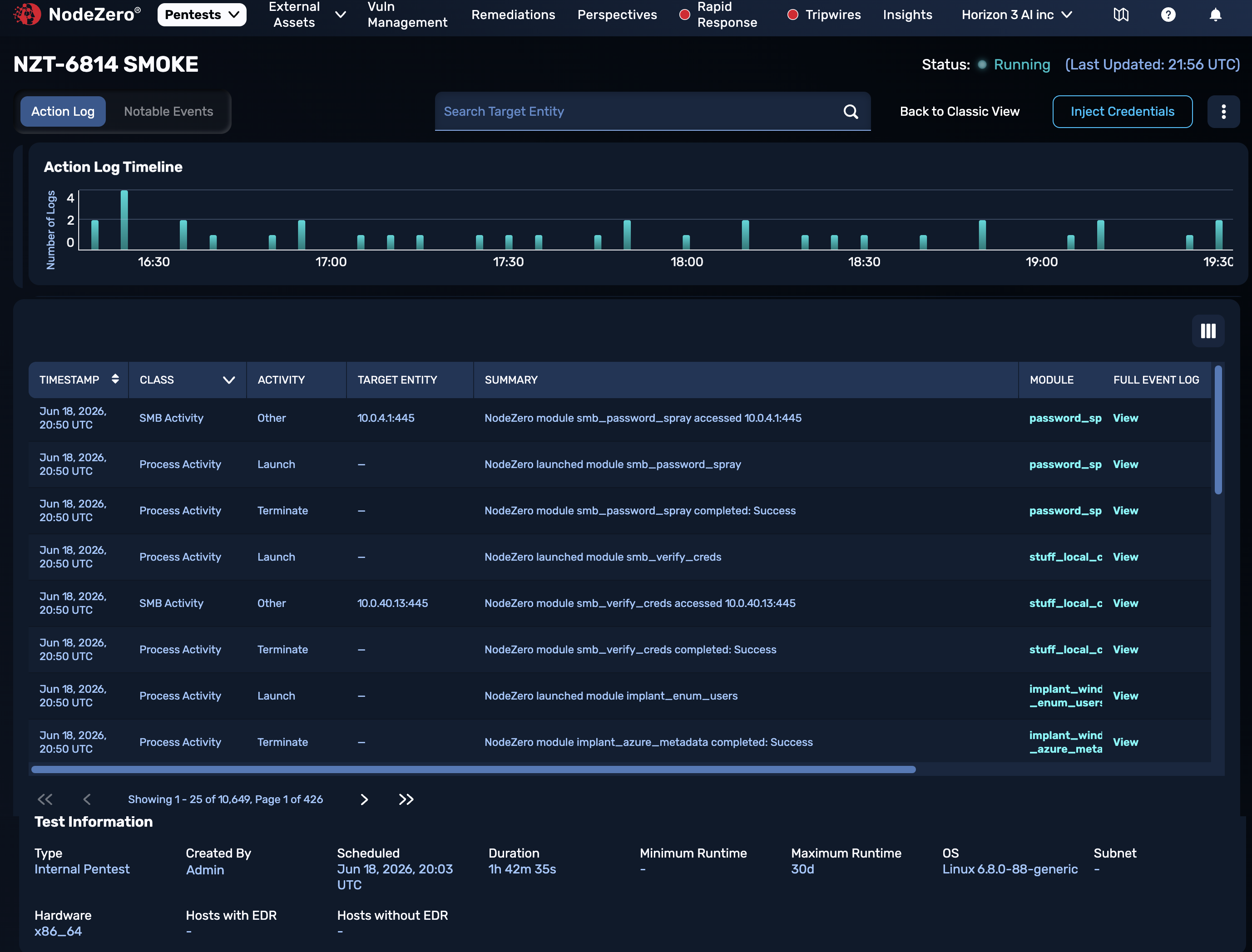 Real-time view, showing graphical Action Log Timeline at the top, and paginated table of events at the bottom