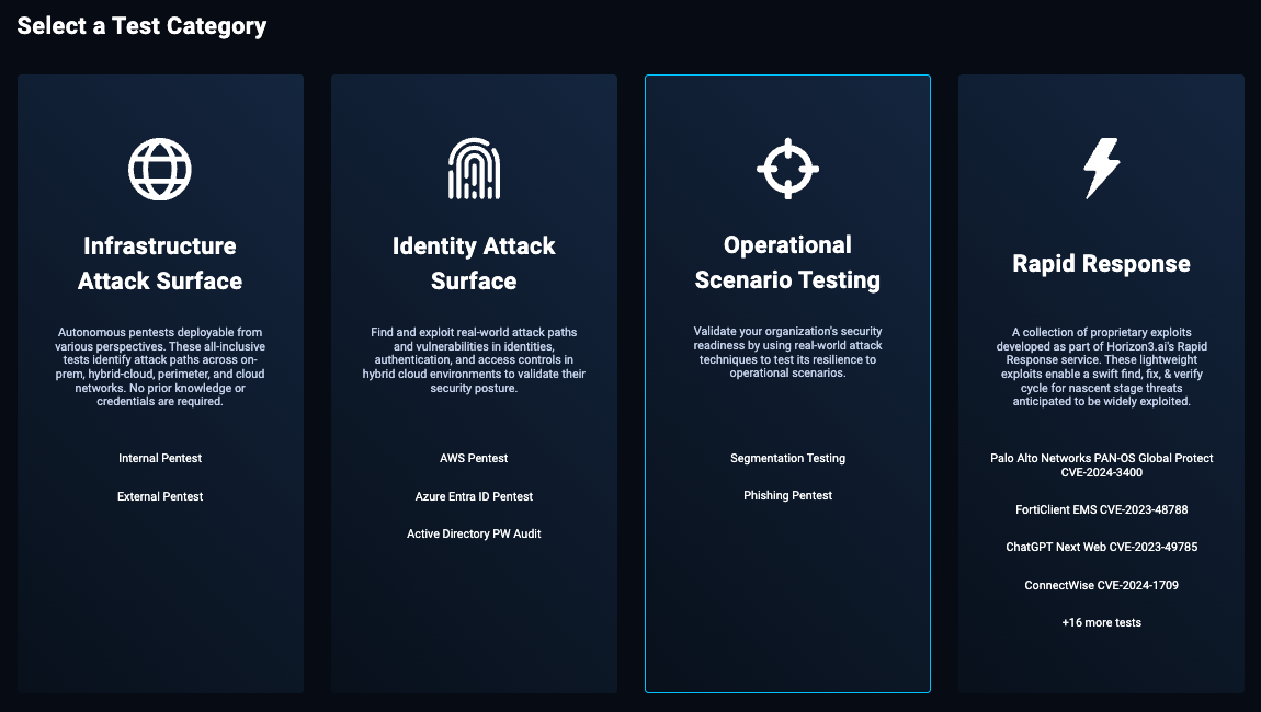 Select a Test Category screen - operational scenario testing link