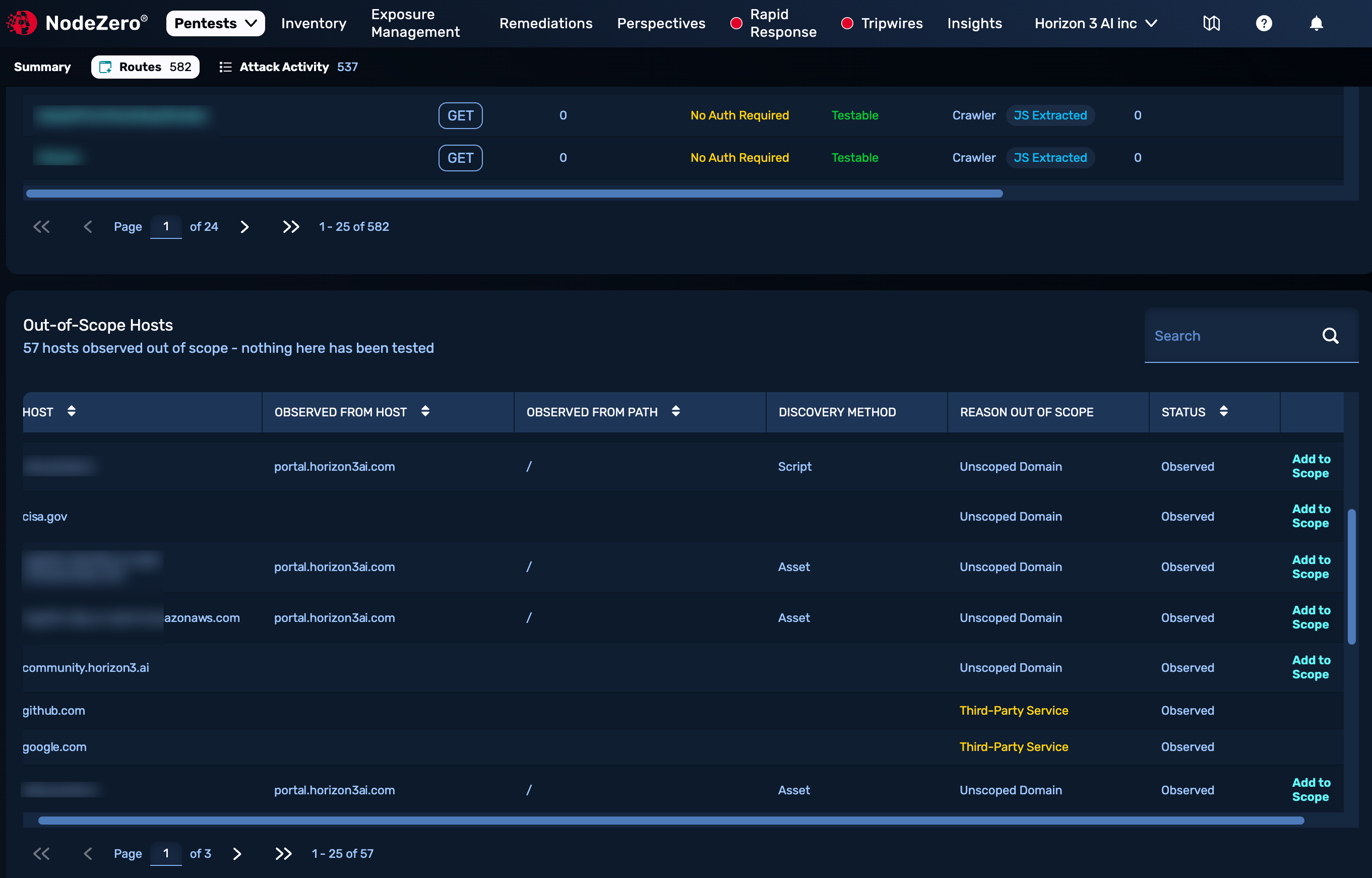 Test results' Routes table, scrolled down to Route Coverage table. This lists several discovered Paths, with each row listing any corresponding Method, Parameters, Auth Required, Testable status, Discovery mode, Checks Run count, and Highest Severity indicator.