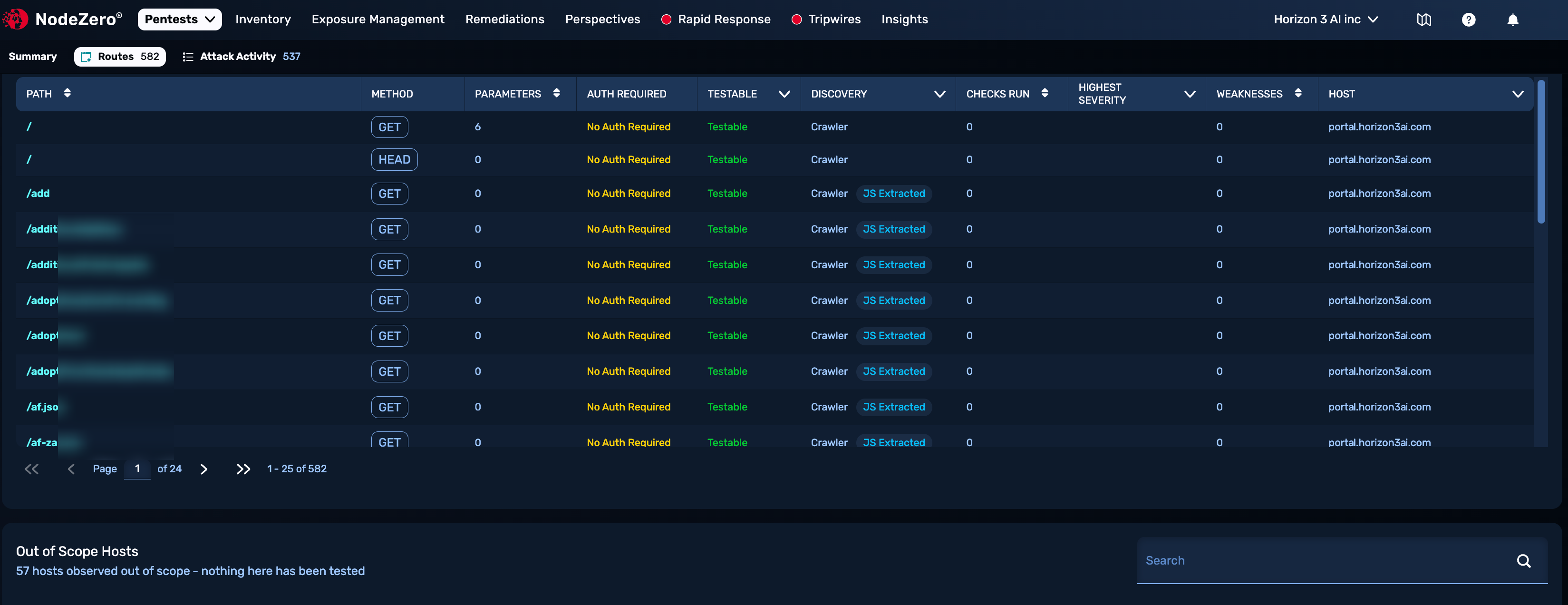 Test results' Routes tab, scrolled down to Route Coverage table. This lists several discovered Paths, with each row listing any corresponding Method, Parameters, Auth Required, Testable status, Discovery mode, Checks Run count, Highest Severity indicator, Weaknesses count, and Host.